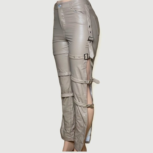 Tan- Hot & Delicious Buckle High Slit Pants - Picture 1 of 2
